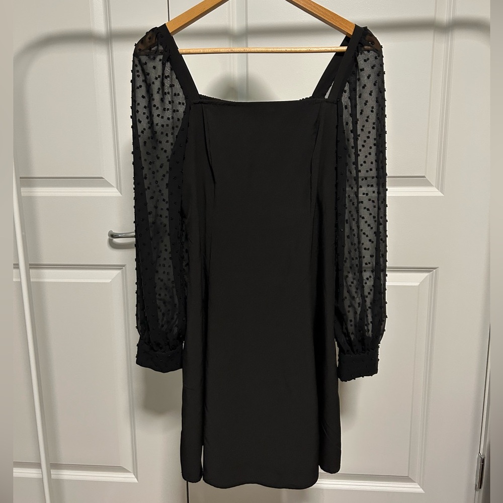 Elegant Black Dress with Sheer Polka Dot Sleeves